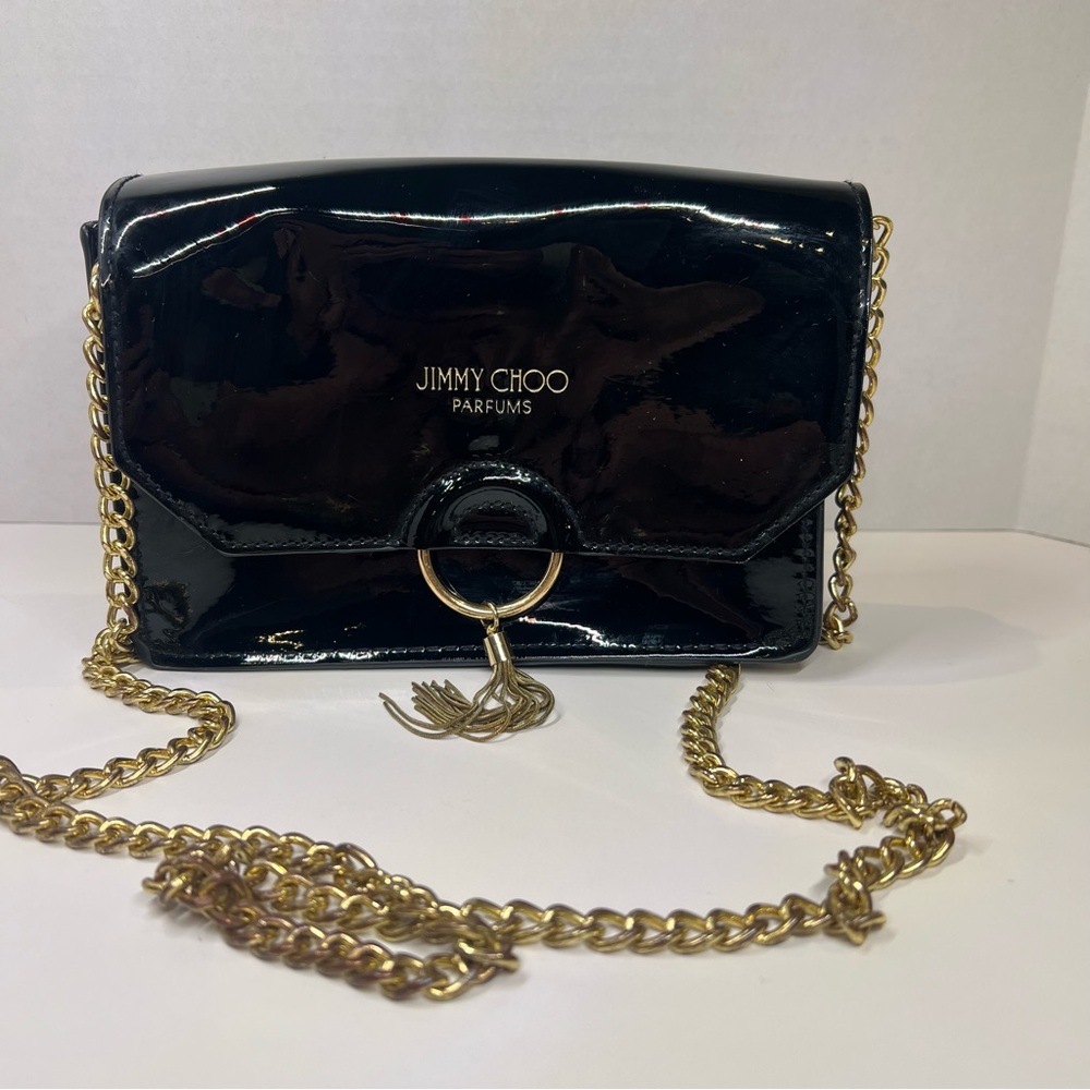 Jimmy Choo Black Patent Crossbody with Gold Chain and Ring Detail